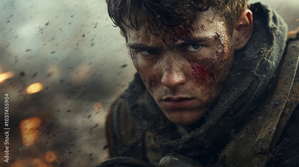 Close-up Portrait of a Wounded Soldier in a War Zone Close-up Portrait of a Wounded Soldier in a War Zone