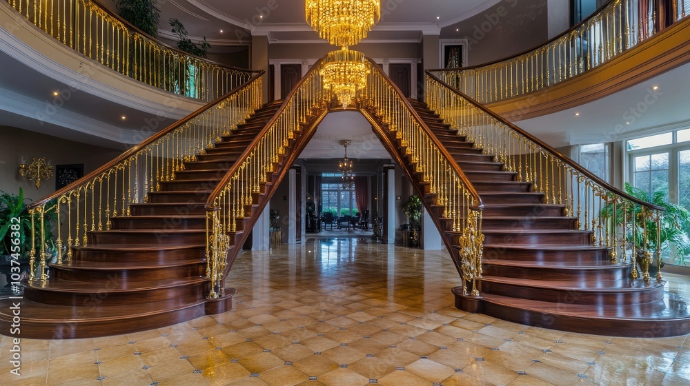 Obraz premium A chic Hollywood Regency foyer featuring a grand