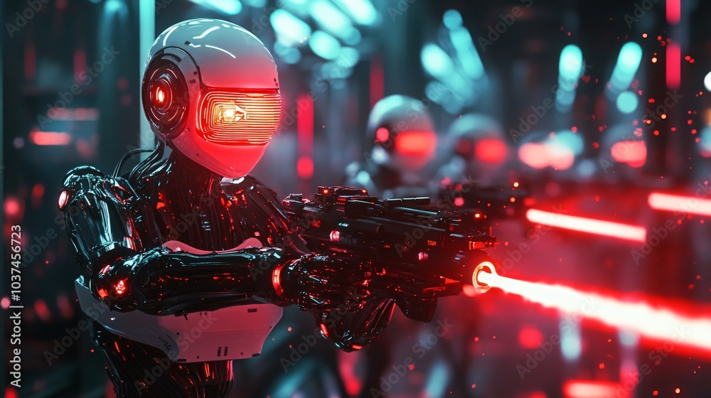 A futuristic robot soldier in a dark, neon-lit room, aiming a laser weapon. A futuristic robot soldier in a dark, neon-lit room, aiming a laser weapon.