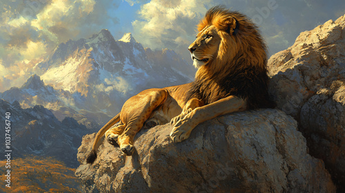 A majestic lion basking in the sun on a rocky outcrop