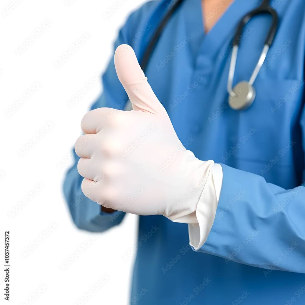 Doctor hand in sterile gloves is showing thumbs up sign isolated Doctor hand in sterile gloves is showing thumbs up sign isolated