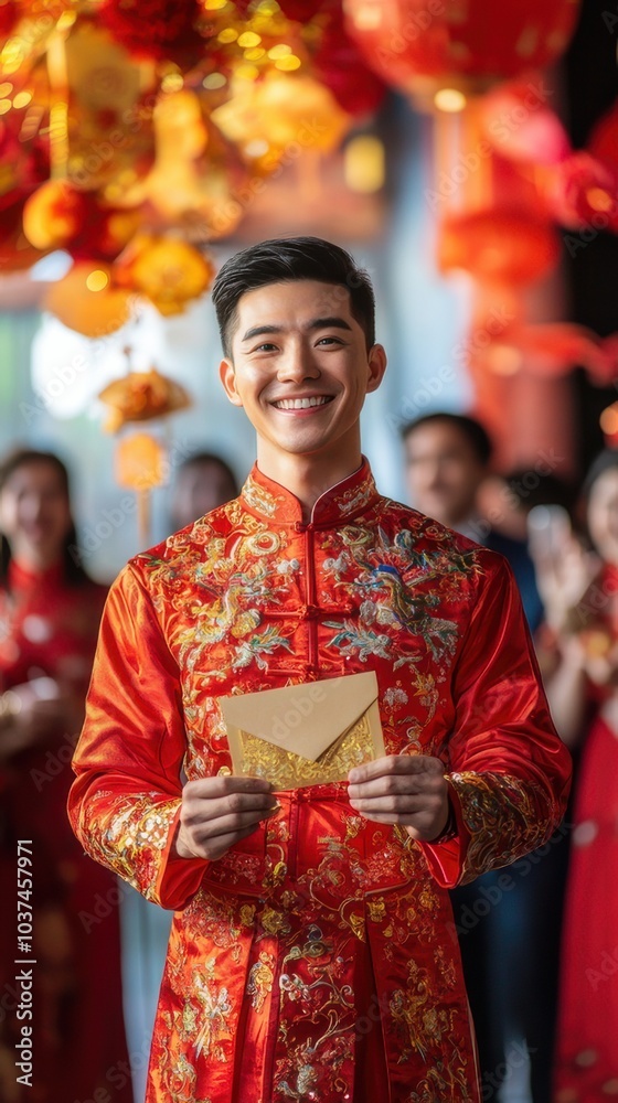 A Chinese man in traditional attire smiling at Chinese new year celebration while holding a red envelope, representing cultural pride and tradition. A Chinese man in traditional attire smiling at Chinese new year celebration while holding a red envelope, representing cultural pride and tradition.