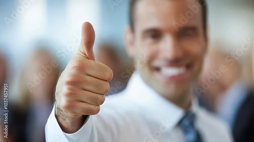 A confident business leader giving a thumbs up with his team in the background, showcasing leadership, teamwork, and corporate success.