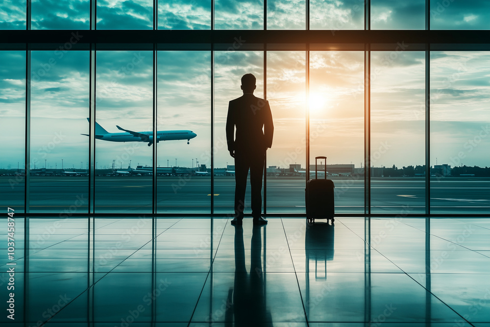 Silhouette of a business man with a suitcase standing in an airport waiting area, looking at an airplane flying outside the window. A panoramic banner with copy space for text. Silhouette of a business man with a suitcase standing in an airport waiting area, looking at an airplane flying outside the window. A panoramic banner with copy space for text.