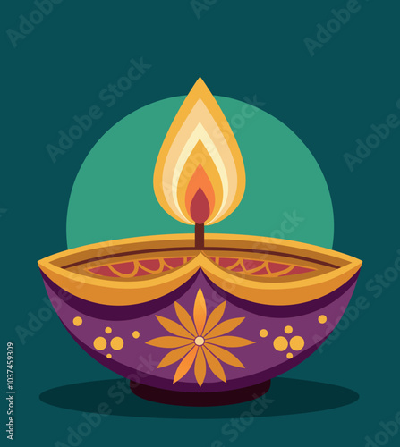diwali diya traditional indian oil lamp lit against teal background, warmth illumination brightness decoration
