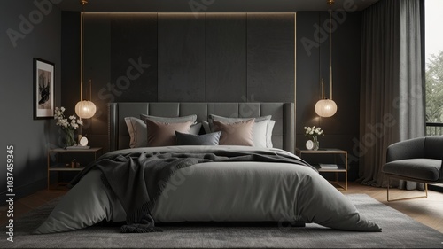 A bedroom with the elegance and versatility of a modern gray color palette. The dark textured wall creates a dramatic backdrop. The minimalist bedroom design evokes a sense of calm and sophistication.