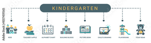 kindergarten activities include kids teacher alphabet chart building blocks book playground teddy bear, apple block