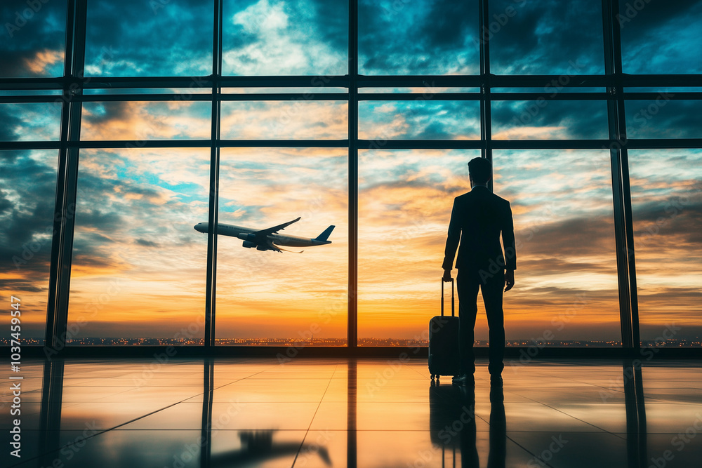 Silhouette of a business man with a suitcase standing in an airport waiting area, looking at an airplane flying outside the window. A panoramic banner with copy space for text. Silhouette of a business man with a suitcase standing in an airport waiting area, looking at an airplane flying outside the window. A panoramic banner with copy space for text.