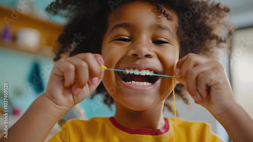 Happy child practicing dental hygiene with floss at home photo