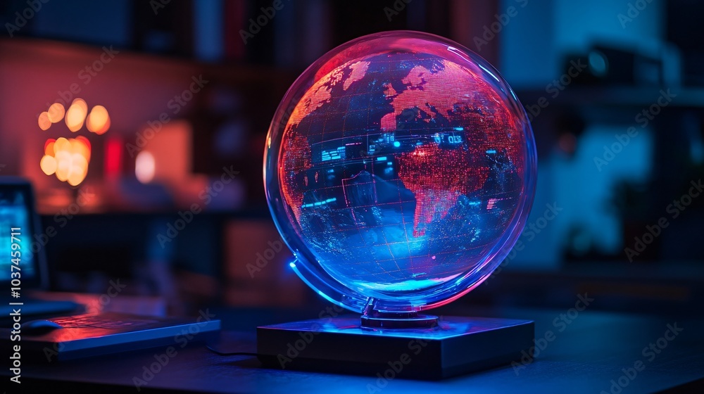 A glass globe with a glowing world map inside, illuminated in red and blue. A glass globe with a glowing world map inside, illuminated in red and blue.