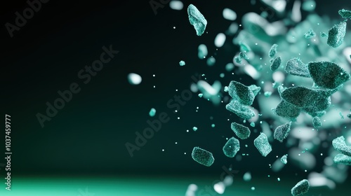 Shattered glass fragments create a dynamic effect, set against a soft green background, emphasizing texture and movement.
