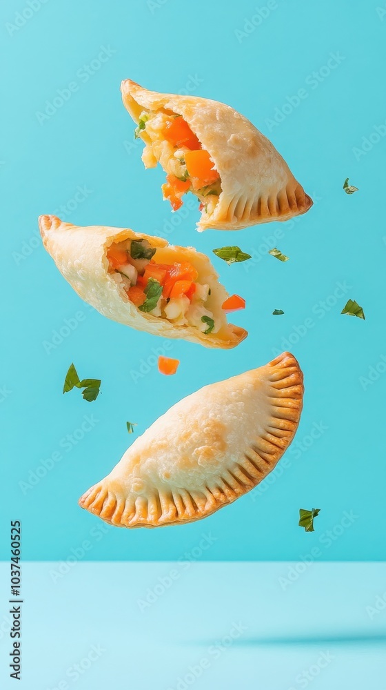 Three colorful empanadas are floating against a vibrant blue background, showcasing their delicious fillings of vegetables and herbs. Three colorful empanadas are floating against a vibrant blue background, showcasing their delicious fillings of vegetables and herbs.