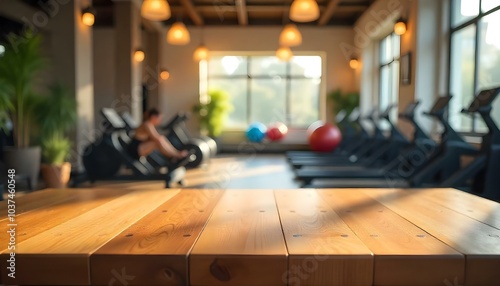 empty wooden table with background blurred modern gym interior background