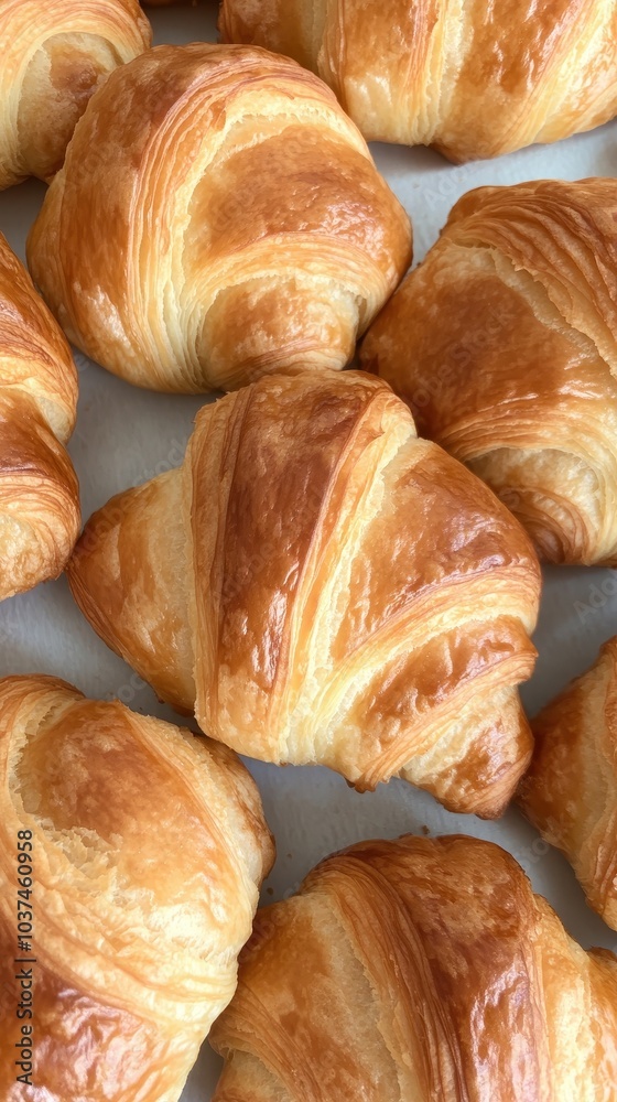 A tempting arrangement of freshly baked croissants, showcasing their flaky layers and golden-brown crusts, perfect for breakfast or a delightful snack.
