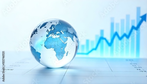 A glass globe representing the world with a stock market chart in the background