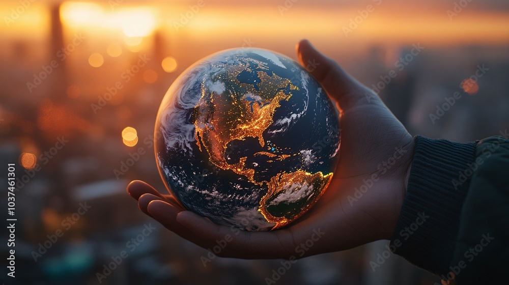 Fototapeta premium A Hand Holding a Miniature Earth Globe Against a Sunset Cityscape