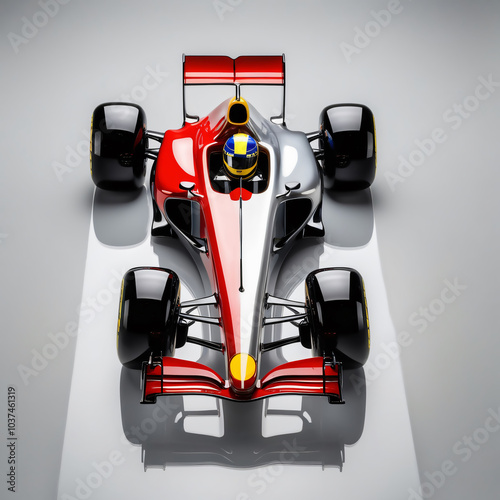 High-Angle Glass Sculpture of a Sleek Red Formula 1 Race Car with Aerodynamic Design and Glossy Finish, Driver Helmet Visible, Generative AI photo