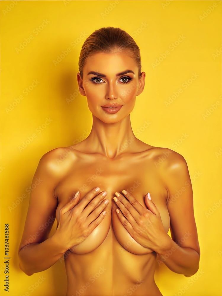 A woman with blonde hair and tanned skin poses against a yellow background. Generative AI A woman with blonde hair and tanned skin poses against a yellow background. Generative AI