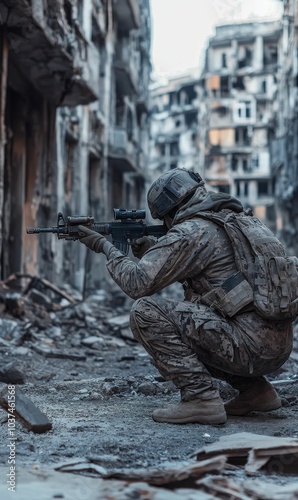 Soldier aims rifle in war-torn city.