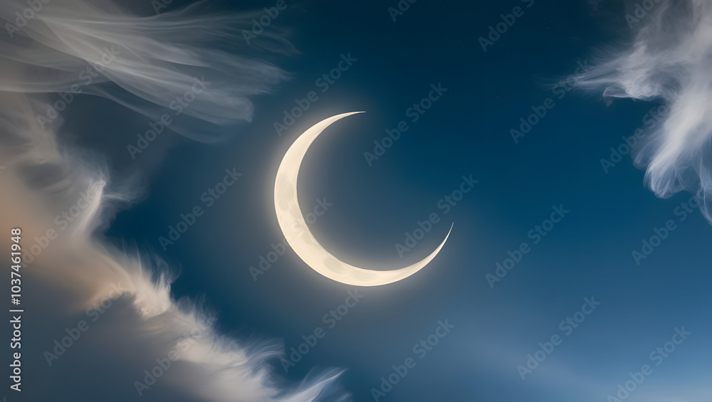 Crescent moon on blue sky for tranquil night visuals. Crescent moon on blue sky for tranquil night visuals.