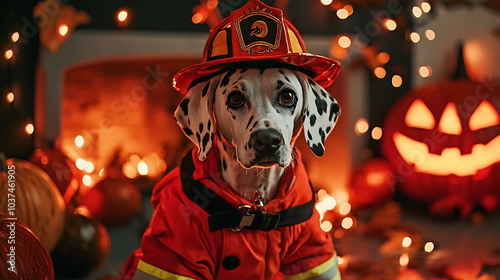 Adorable dalmatian dog dressed as firefighter surrounded by spooky halloween decorations and warm autumn lights photo