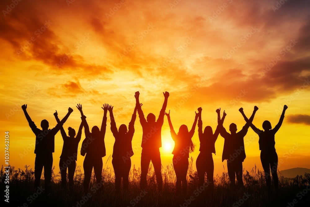 Celebrating life a joyful silhouette of people cheering against a stunning sunset backdrop Celebrating life a joyful silhouette of people cheering against a stunning sunset backdrop