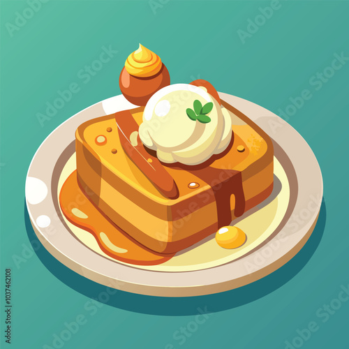 French toast with melting butter and maple syrups, ice cream on top, no hand ai generate