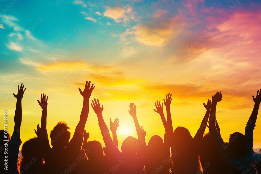 Joyful celebration of life a vibrant silhouette of people cheering against a stunning sunset Joyful celebration of life a vibrant silhouette of people cheering against a stunning sunset