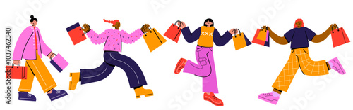 Group of Shoppers ,Set of Character Carrying Shopping Bags, Run for Sale Isolated on White Background. Flat vector.