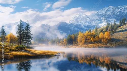 Serene Mountain Lake with Autumn Colors and Reflections