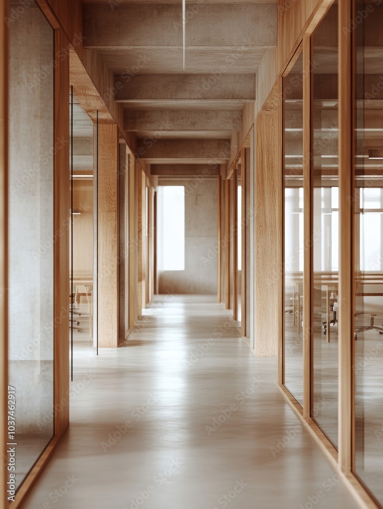 Fototapeta premium Contemporary Office Hallway with Wooden Elements