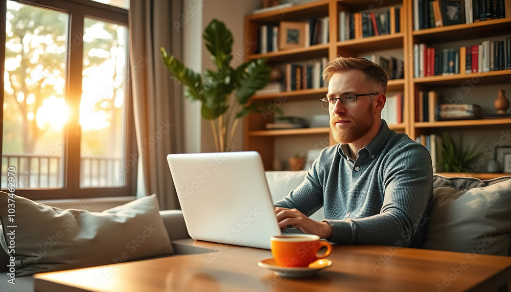 Working from home, a man sits at a desk at home with a laptop, surrounded by a cozy atmosphere, shelves with books, a cup of coffee on the table. Outside the window you can see trees and sunlight. Working from home, a man sits at a desk at home with a laptop, surrounded by a cozy atmosphere, shelves with books, a cup of coffee on the table. Outside the window you can see trees and sunlight.