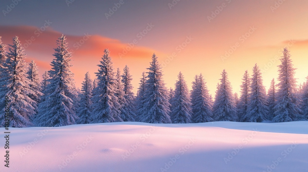 Serene Winter Landscape With Pine Trees at Sunset Serene Winter Landscape With Pine Trees at Sunset