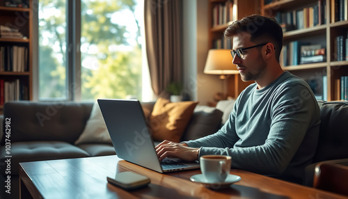 Working from home, a man sits at a desk at home with a laptop, surrounded by a cozy atmosphere, shelves with books, a cup of coffee on the table. Outside the window you can see trees and sunlight.