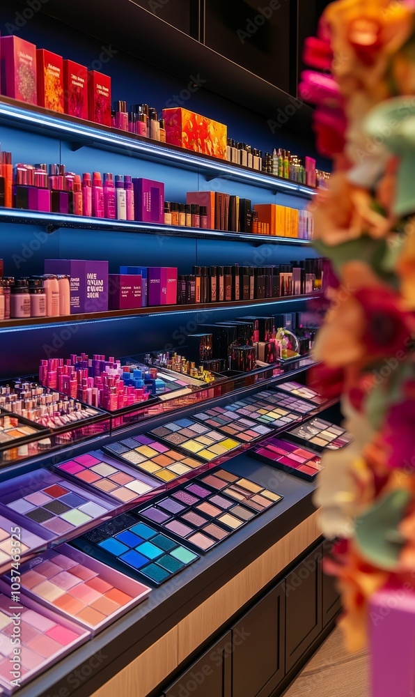 Fototapeta premium Makeup palettes and bottles displayed on shelves.