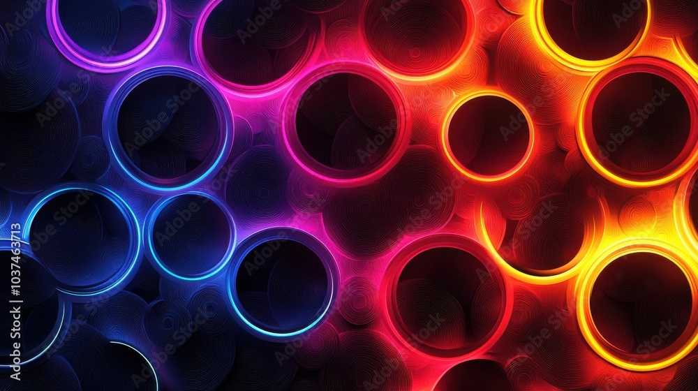 A vibrant abstract design featuring colorful circular patterns in shades of blue, pink, and orange against a dark background. Ideal for modern decor.