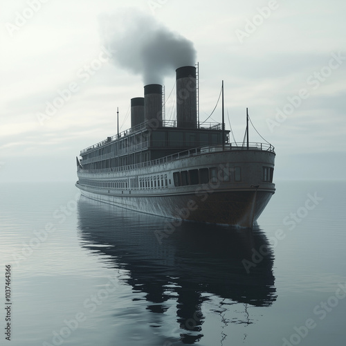 a grand steamship from the early 20th century, with detailed textures on its steel body, chimneys emitting smoke, and reflections in the water