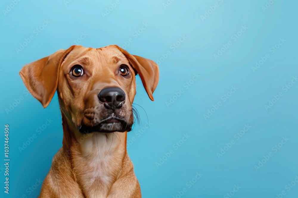 Cute funny dog on a blue background isolated with a place for text. Concept pets love, animal life, humor, raising dogs. Dog close up on color background Cute funny dog on a blue background isolated with a place for text. Concept pets love, animal life, humor, raising dogs. Dog close up on color background