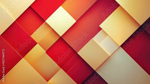 A vibrant abstract artwork featuring various red and gold rectangles and squares, creating a striking modern pattern. Perfect as a textured backdrop.