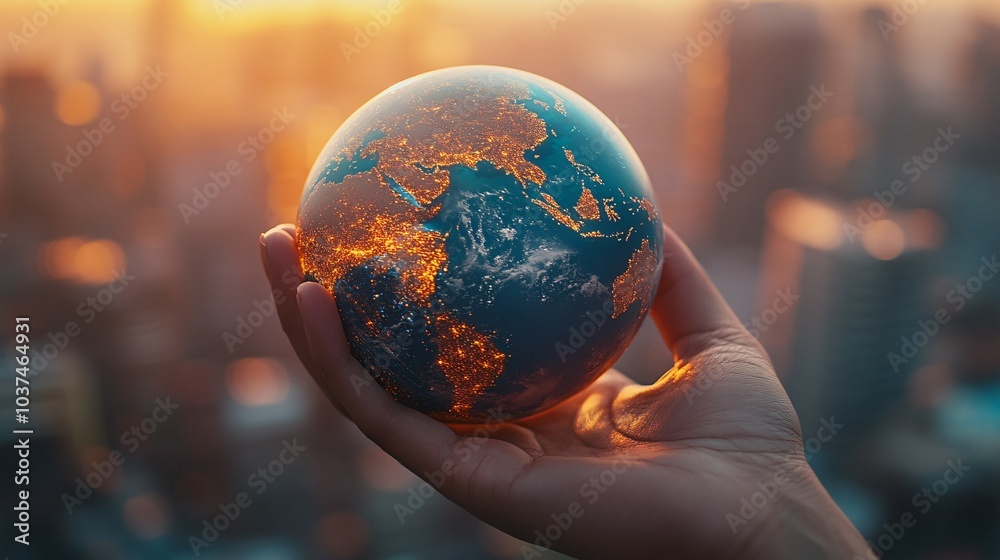 Fototapeta premium A Hand Holding a Miniature Earth Globe with City Lights