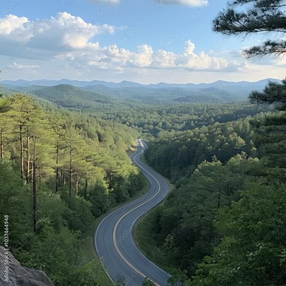 Winding road in mountainous pine forest, surrounded by rugged peaks and lush greenery, creates serene and picturesque landscape. Winding road in mountainous pine forest, surrounded by rugged peaks and lush greenery, creates serene and picturesque landscape.