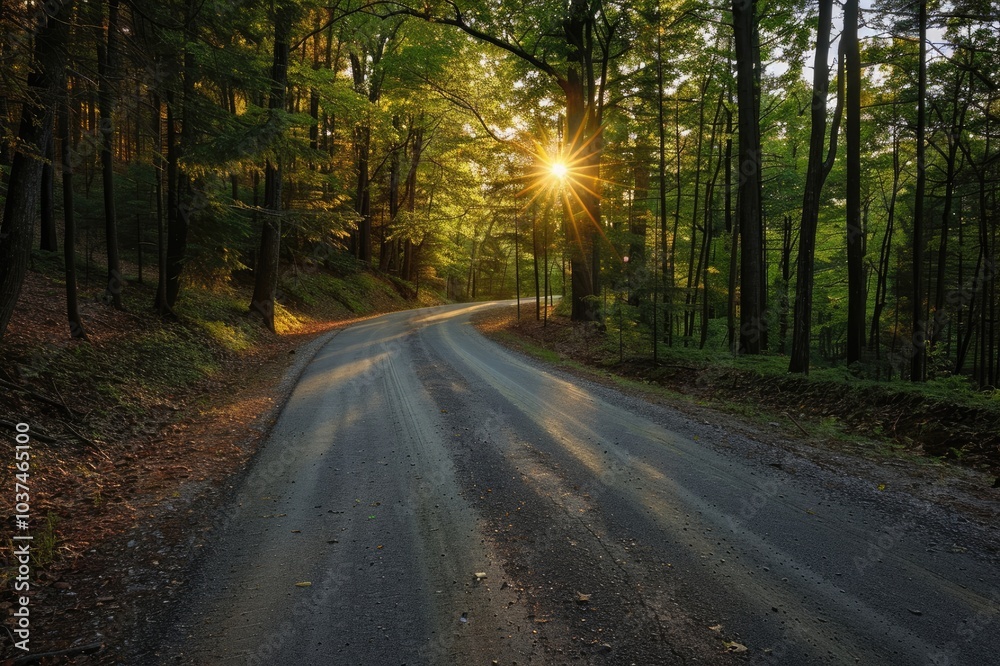 Fototapeta premium Empty asphalt road and green woods at sunset