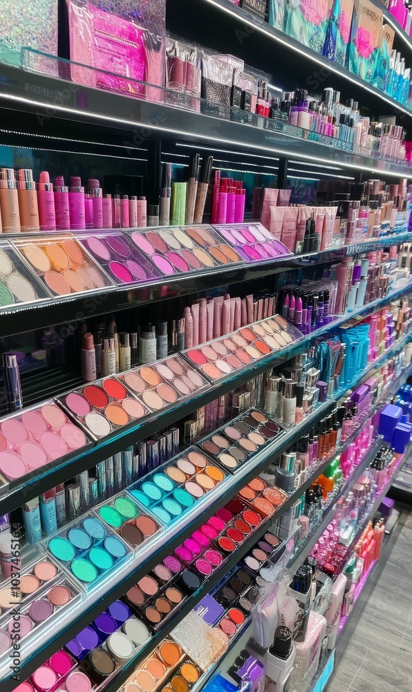 Obraz premium Makeup palettes on shelves in a store.
