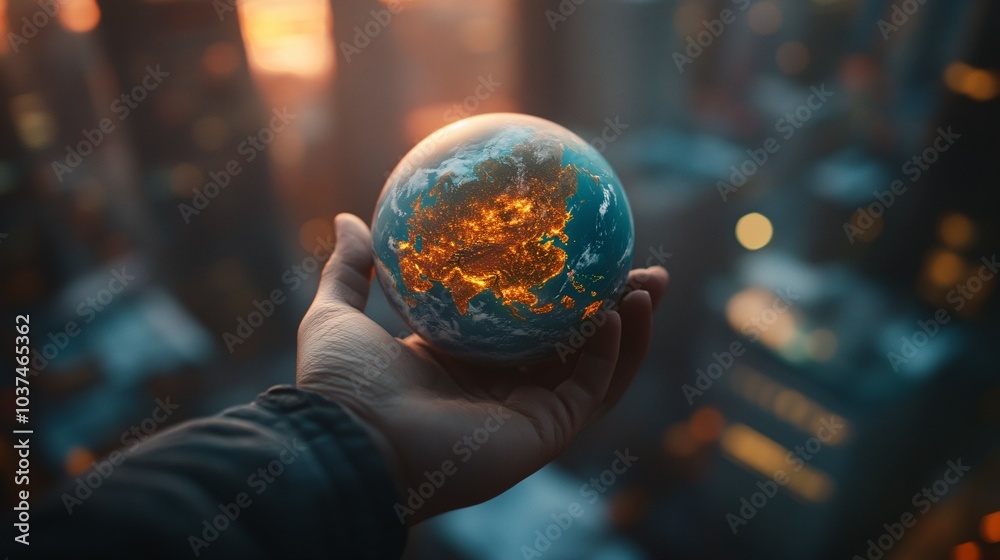 Fototapeta premium A Hand Holding a Globe with Illuminated Asia at Sunset