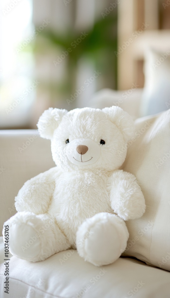 Fototapeta premium A soft white teddy bear sits on a white couch, its fluffy fur and sweet expression exuding warmth and comfort.