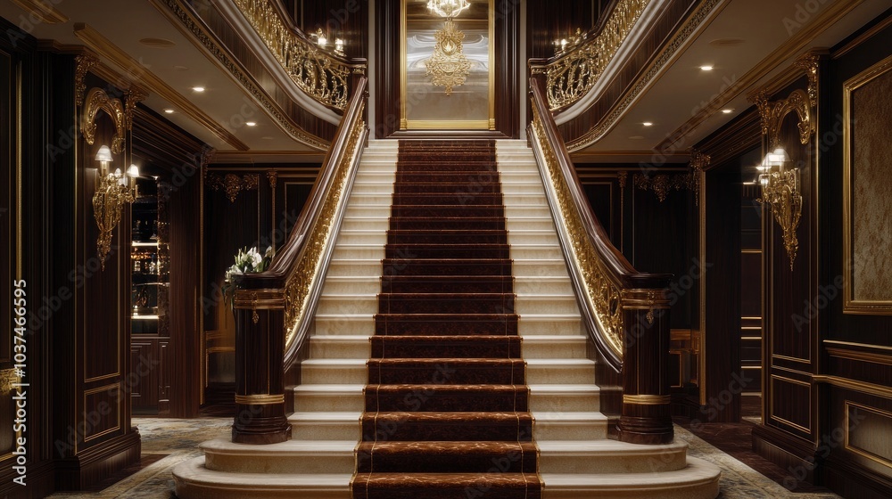 A luxurious Hollywood Regency foyer with a grand staircase featuring mahogany banisters and gold accents A luxurious Hollywood Regency foyer with a grand staircase featuring mahogany banisters and gold accents