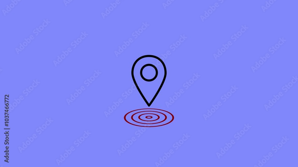 GPS location icon black and radio wave deep red animated on Medium Blue background. GPS location icon black and radio wave deep red animated on Medium Blue background.