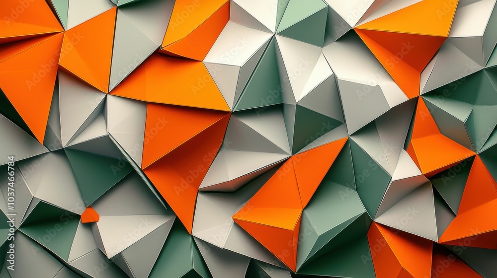 A vibrant display of geometric shapes in orange, green, and grey tones, showcasing dynamic texture and modern design.