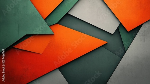 An abstract image featuring layered geometrical shapes in green, orange, and gray, creating a dynamic and visually engaging design.