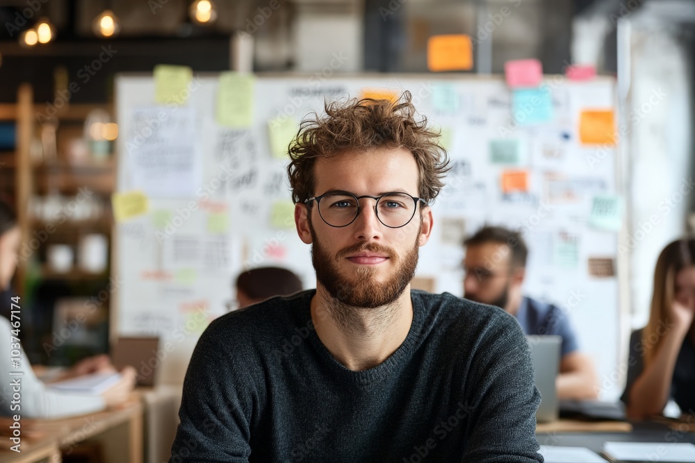 A professional man with glasses sits in a creative workspace environment, surrounded by ideas and colleagues, looking intently ahead. The setting is vibrant and modern. A professional man with glasses sits in a creative workspace environment, surrounded by ideas and colleagues, looking intently ahead. The setting is vibrant and modern.